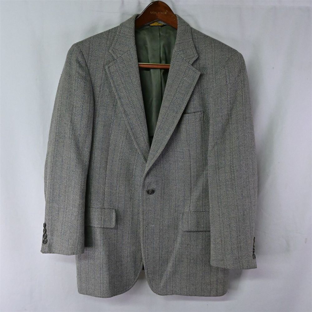 Vtg 80s Palm Beach 42R Tan Gray Herringbone Tweed Mens Blazer‎ Jacket Sport Coat
